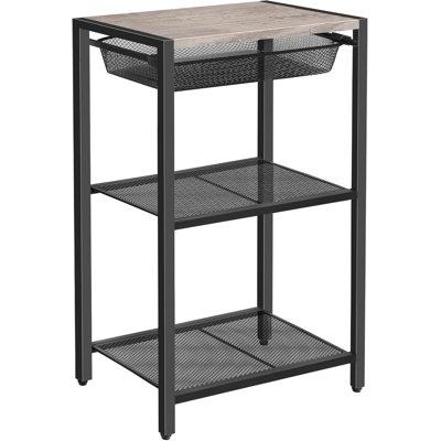 Industrial 3-Tier Side Table With Adjustable Metal Mesh Basket, Multi-Functional Tall End Table With Storage Shelves For Living Room, Bedroom, Office