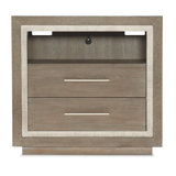 Two-drawer nightstand in gray-washed oak with an open top shelf and textured light gray border trim.