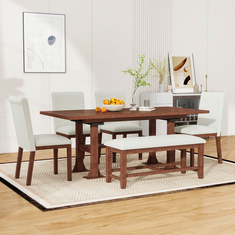 Ensemble de salle à manger, table extensible, chaises rembourrées et banc 6 pièces Emere, Brun, Gris clair, Gris clair