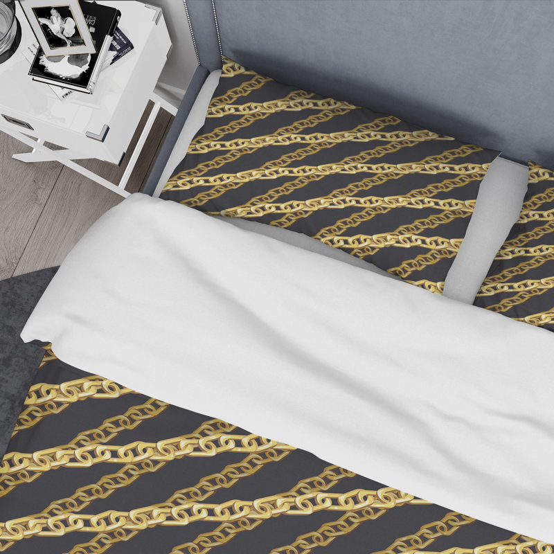 Retro Art Deco - Mid century bedding set - Modern Mid-century Bed cover set, King Duvet Cover + 2 Shams, Yellow Zigzag Chain