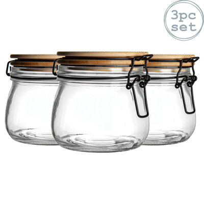 Argon Tableware - Wooden Clip Lid Storage Jars - Black Seal - Set of 3