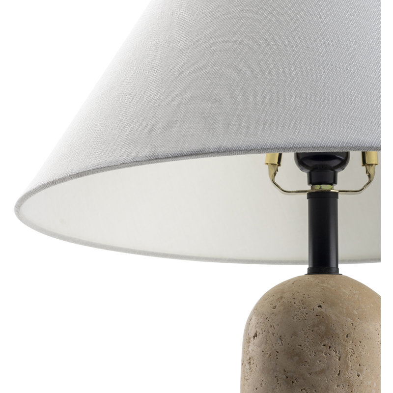 Small White Travertine Table Lamp with Linen Shade