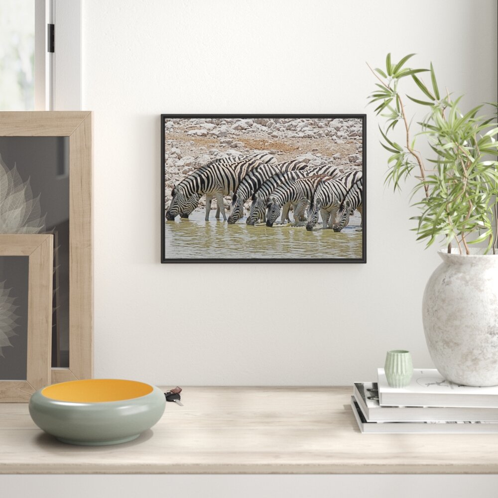 Gerahmtes Wandbild Zebraherde am Wasserloch