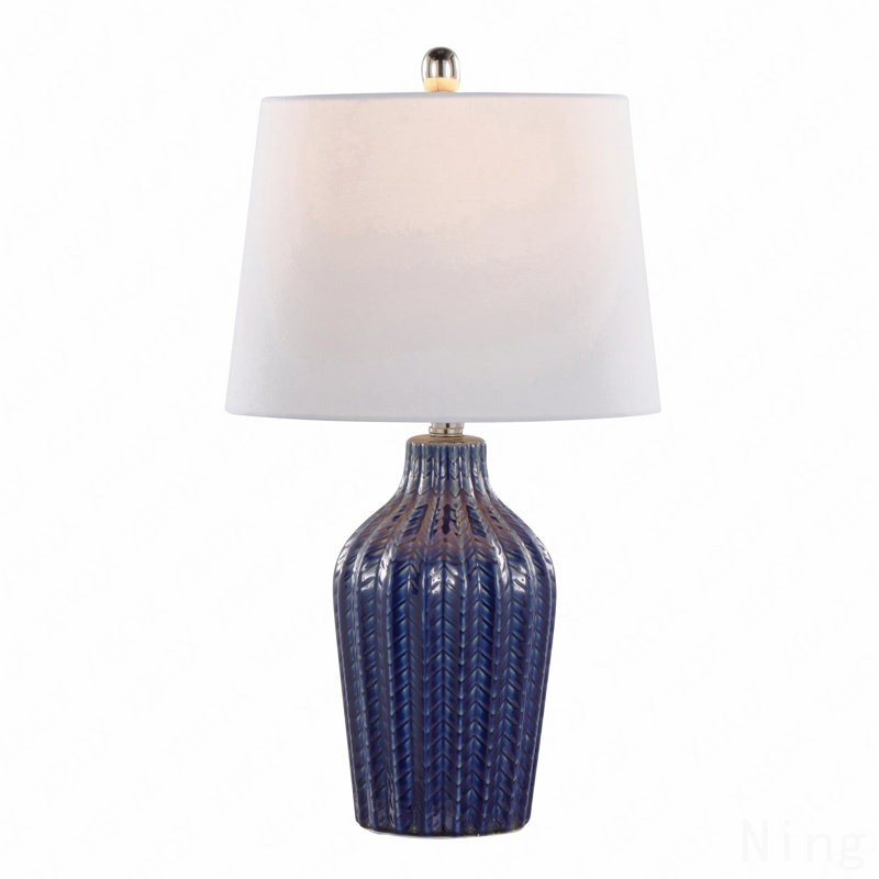 23" Contemporary Ceramic Table Lamp In Dark Blue Ceramic, Polished Nickel And White Linen Shade From Grandview Gallery By Lumisource - Set Of 2