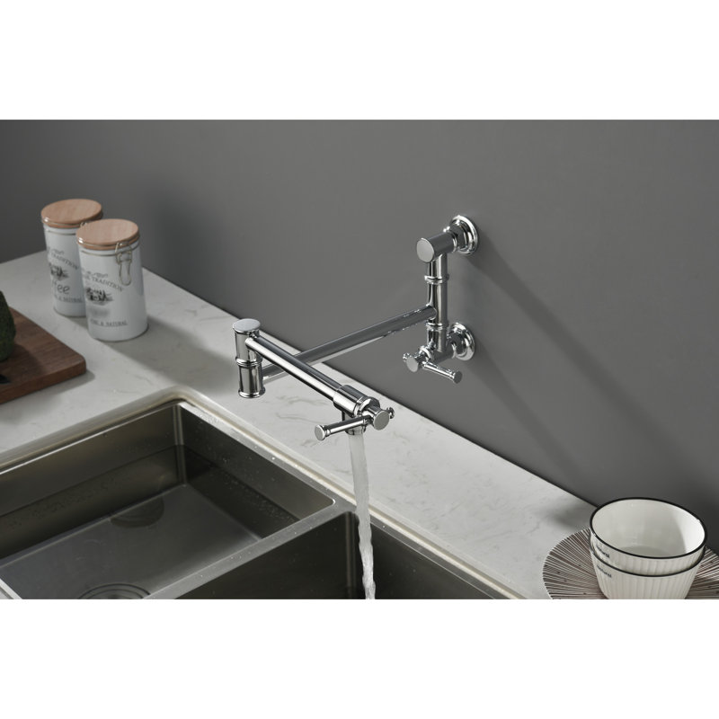 Wall Mount Pot Filler Faucet - Brass, Foldable Swing Arm, Controlled Water Discharge, Corrosion Coating For Mounted Double Handles, Quiet Supply, Fingerprint-