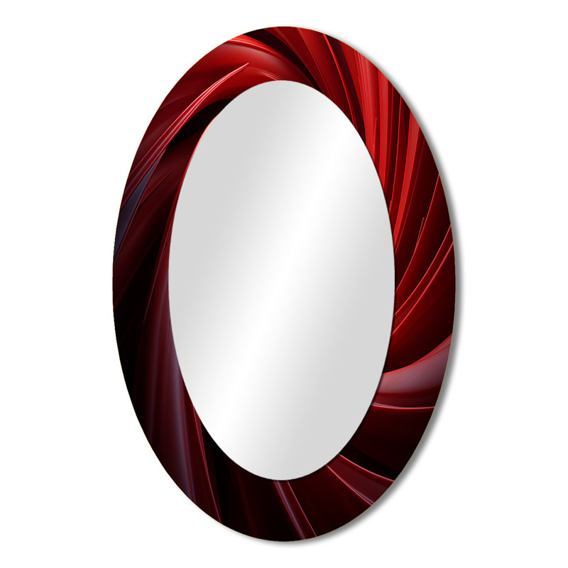 «Red Abstract Spiral Dreamscape II» - Miroir décoratif ovale abstrait sur métal, 36 po x 24 po