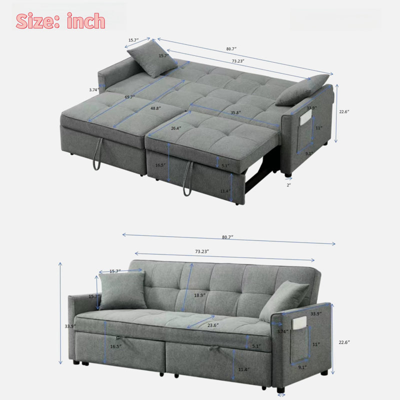 3 In 1 Convertible Sleeper Sofa Bed With Reclining Backrest, Pillows And Side Pockets, Gray