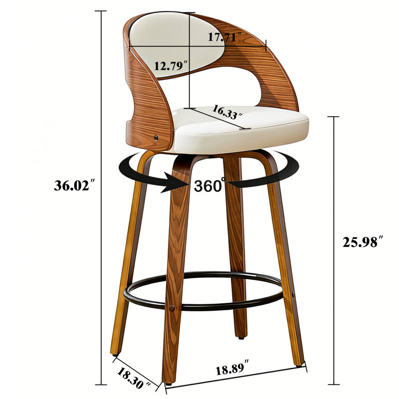 Tabouret pivotant en similicuir de 26 po avec repose-pieds Modern, Blanc, Tabouret de comptoir (assise à une hauteur de 26