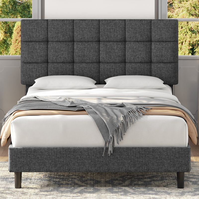 Size Modern Upholstered Bed Frame with Adjustable Square Tufted Headboard, Double (4'6), Dark Grey