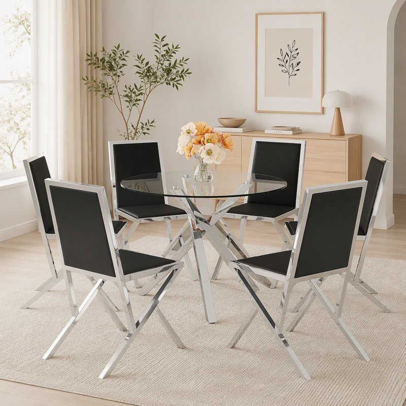 Modern 39 Inch Round Glass Dining Table Set, X-Shaped Silver Metal Base, with 4 Black PU Chairs, 7