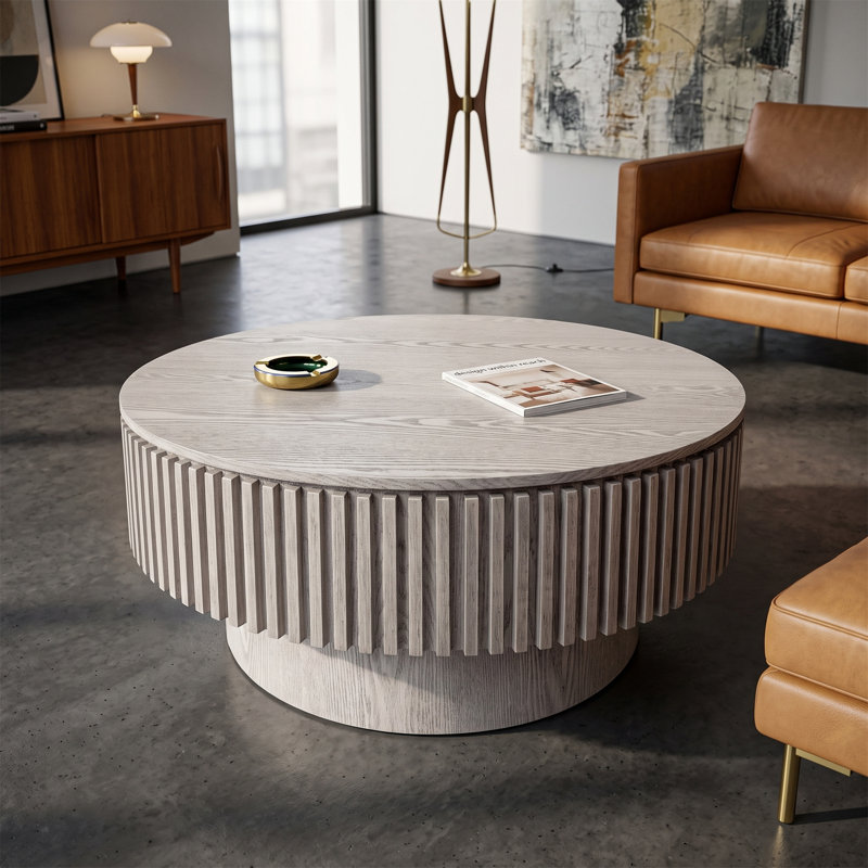 Table basse de 31,5 po en forme de T, finition grain vertical, avec rangement dissimulé, placage en bois massif, style Mid-Century moderne, blanc rétro