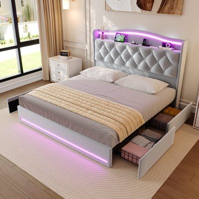 Velvet Upholstered Bed With 4 Underbed Drawer & LED Headboard With Power Outlets