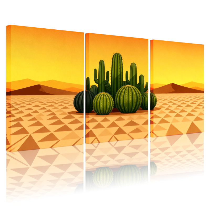 Cactus, paysage désertique avec cactus et montagnes, ensemble de 3 impressions sur toile, H 30 po x l 60 po