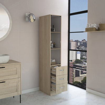 Linen Cabinet, Three Shelves, Four Drawers, Light Pine/White