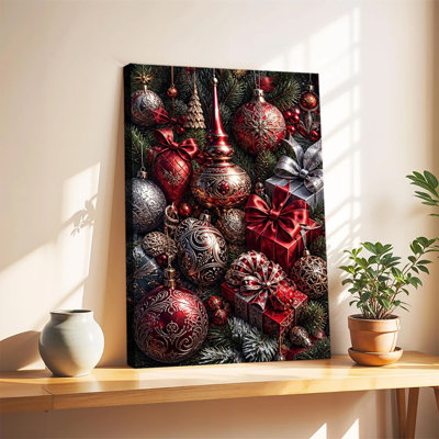 Luxury Red Silver Christmas Balls Gift Boxes Pine Branches Holiday Decor Canvas Wall Art