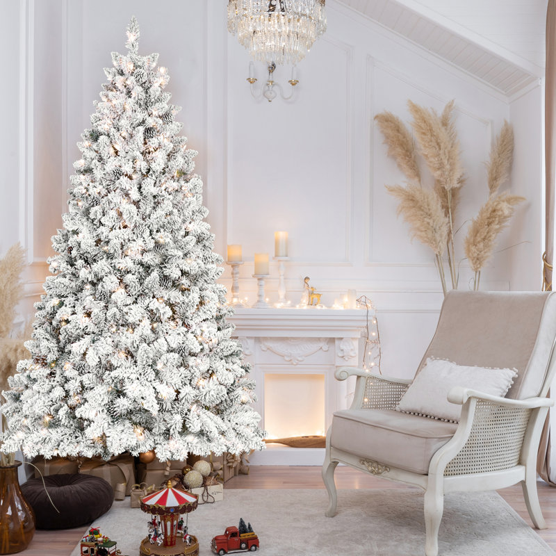 Arbre de Noël de 4,5 pi avec motif enneigé floqué, 250 lumières Ul, 24 pin véritable, pointes, 498 branches articulées, base en métal stable - idéal pour les fêtes, apparence idéale, grâce hivernale idéale