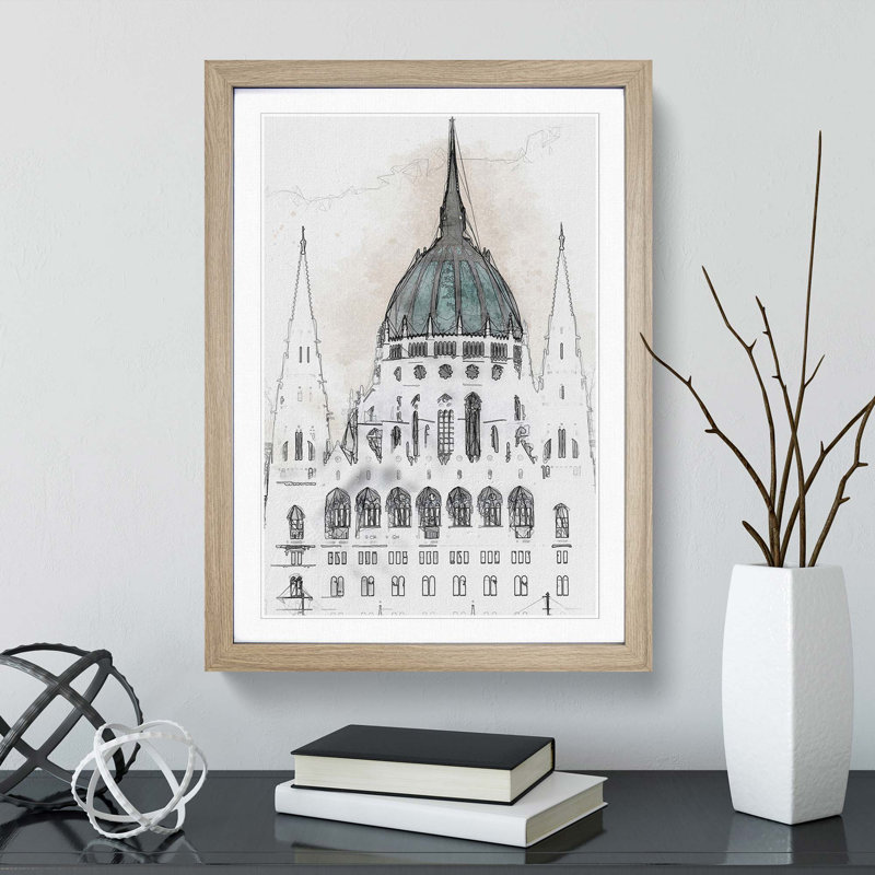 Parliament Building in Budapest in Abstract - Picture Frame Graphic Art Print, 87cm H x 62cm W x 2cm D, Oak Framed