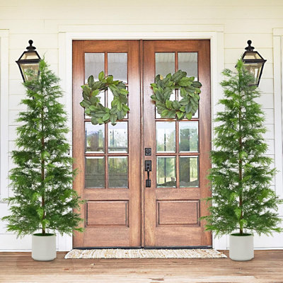 2Pcs Artificial Cedar Topiary Trees in Pot, UV Resistant Faux Evergreen for Outdoor/Indoor Decor