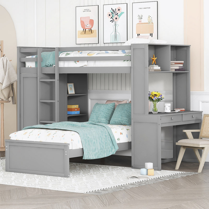 Lit mezzanine simple avec lit autoportant, tablettes, bureau et garde-robe gris (ANCIEN SKU: LT000820AAE)