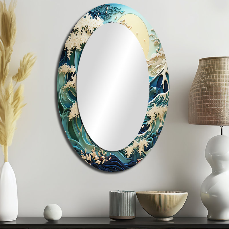 Teal White Ocean Rhapsody - Coastal Oval Decorative Mirror On Metal, 36" x 24"