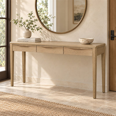 Console élégante de 60,04 pouces avec placage de chêne, table d'entrée de luxe légère à 3 tiroirs, table de salon de style campagnard avec coins doux, convient au salon, au vestibule et au couloir