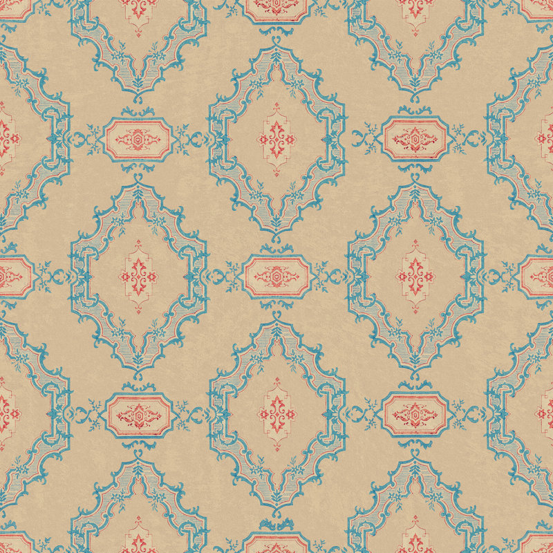 ORIENT EXPRESS Wallpaper Roll, Taupe/Blue/Red