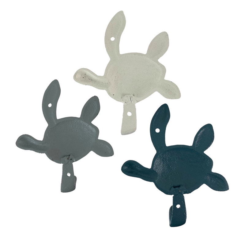 Ensemble de 3 crochets muraux en fonte, motif de tortues marines bleues, grises et blanches, 14,6 cm de large