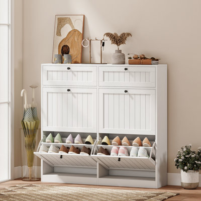 Shoe Cabinet with 2 Flip Drawers, Slim Shoe Storage Cabinet, White