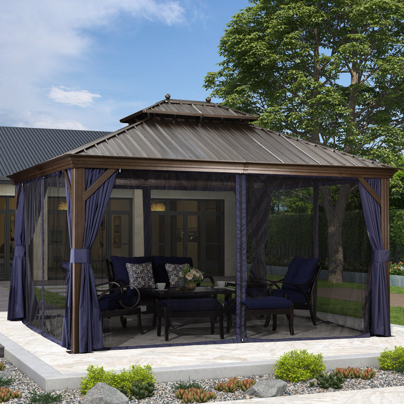 Tente de pavillon d'extérieur à toit rigide en métal 12 pi x 14 pi avec toit et abri de patio, 12 pi x 14 pi
