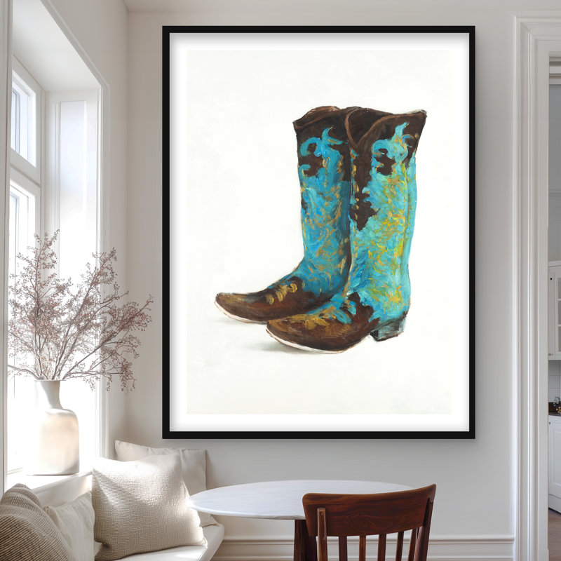 Bottes de cowboy bleues - «Nature morte», reproduction d'art encadrée, Noir