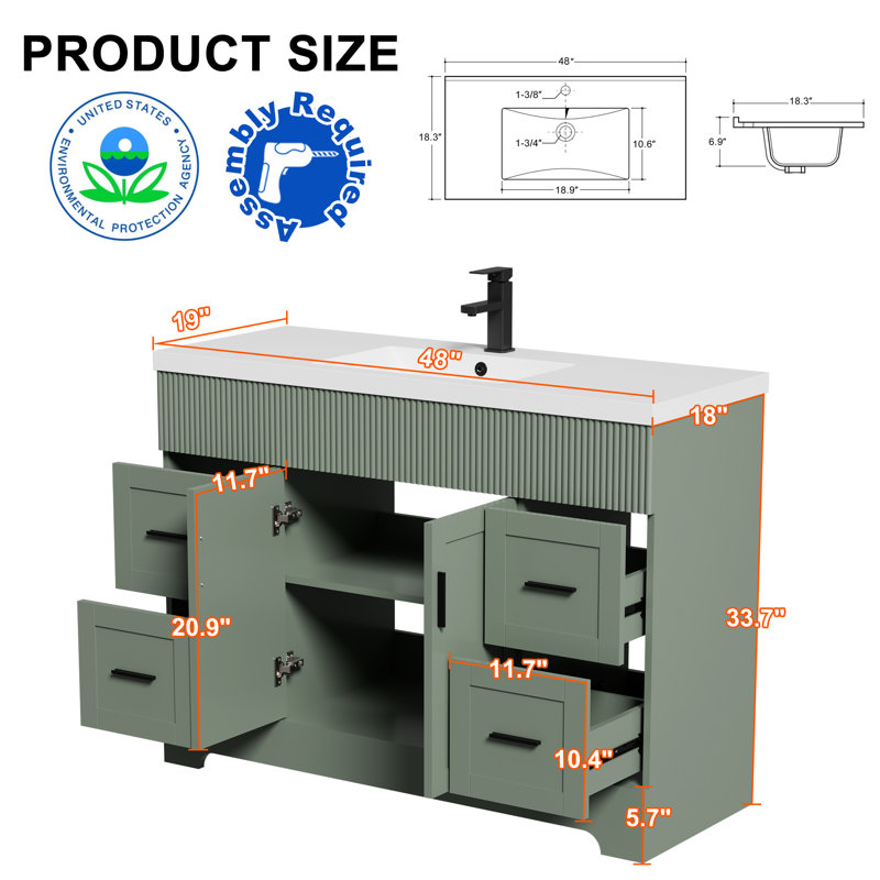 Meuble-lavabo autoportant simple de 48 po Breonica avec plateau en résine, robinet et drain, peint à la main, certifié EPA