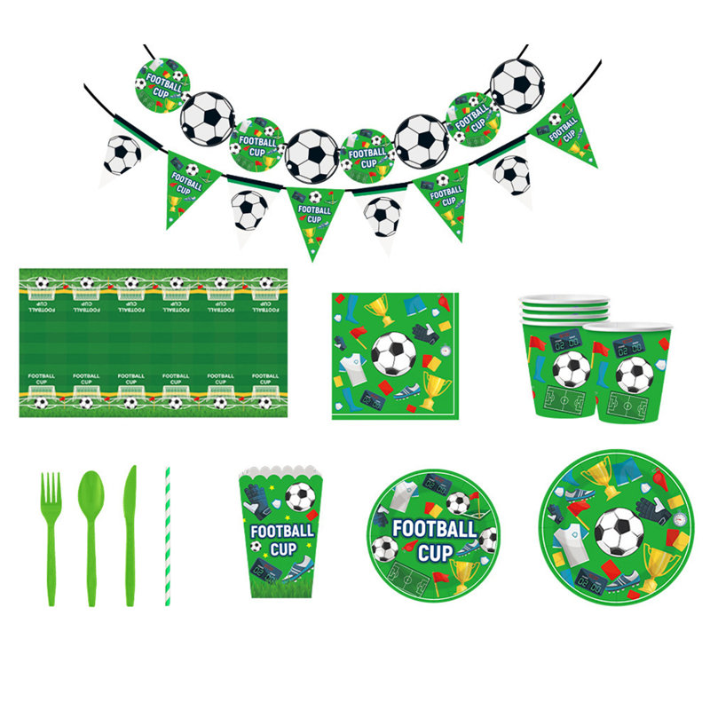 Vaisselle jetable Articles de décoration de fête d'anniversaire sur le thème de football, assiettes en papier jetables, tasses, serviettes, serviettes