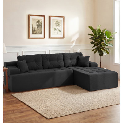 Canapé modulaire compressé en sherpa de 96 po, méridienne en L avec capitonnage à boutons, canapé en mousse à mémoire de forme avec poche latérale pour salon et appartement