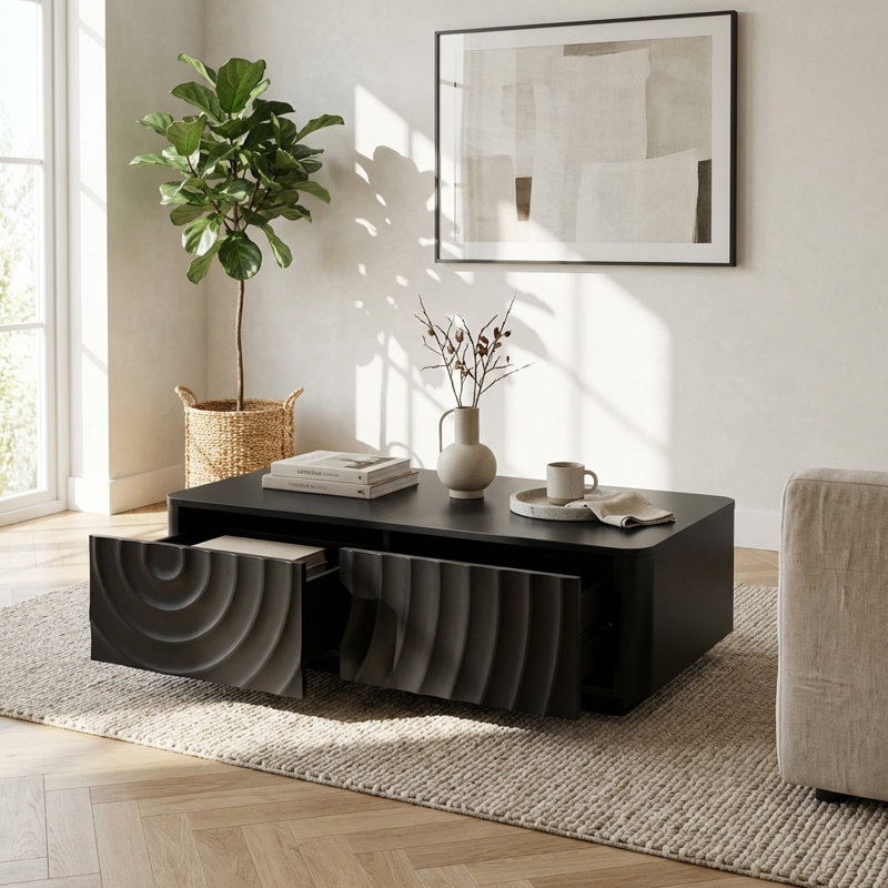 Table basse moderne moderne avec deux tiroirs et une texture de vague unique, Noir