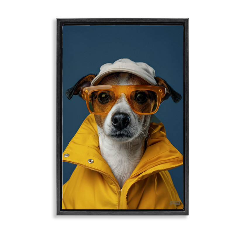 «Trendy Dog Friend», toile flottante encadrée dorée par Roozbeh Bahramali, Cadre flottant noir de jais, H 25 po x l 17 po