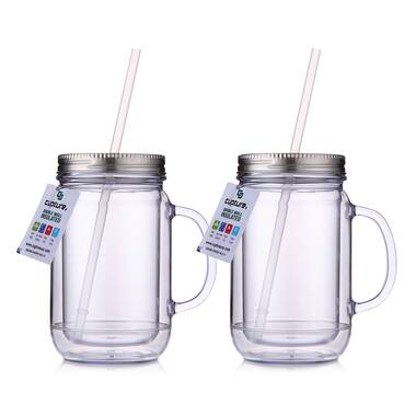 Cupture 2 Vintage Clear Mason Jar Tumbler Mug with Stainless Steel Lid and Straw - 20 oz