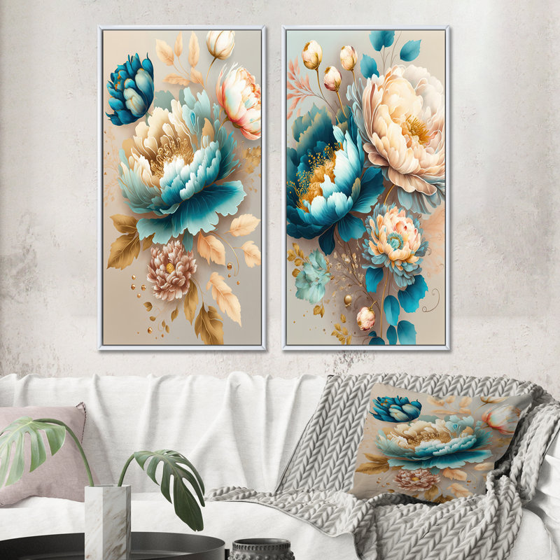 «Multi-Color Blooming Flowers», 2 pièces sur toile, Cadre blanc, H 40 po x l 40 po