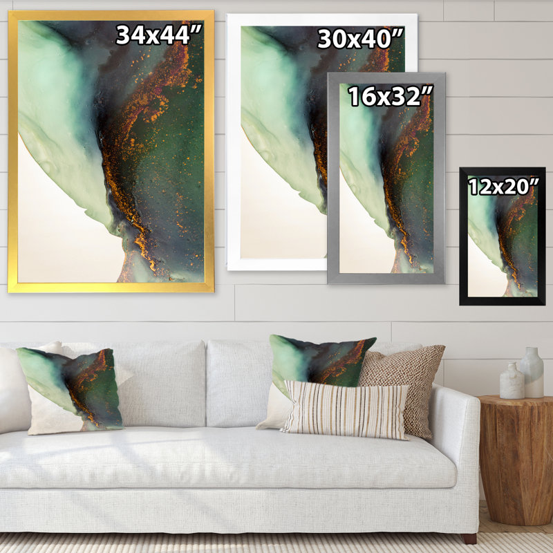 Peinture marbrée verte et dorée - décoration murale moderne en toile, Toile avec cadre photo noir, L 12 po x H 20 po x P 1 po