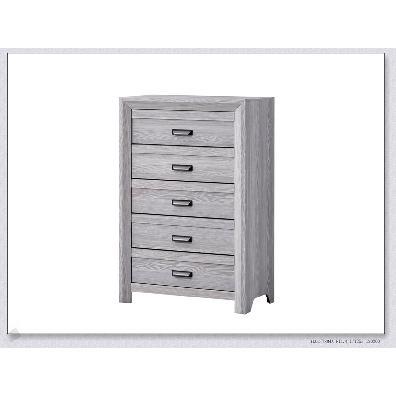 Commode contemporaine à cinq tiroirs avec finition en bois flotté gris, meubles de rangement en bois rustique