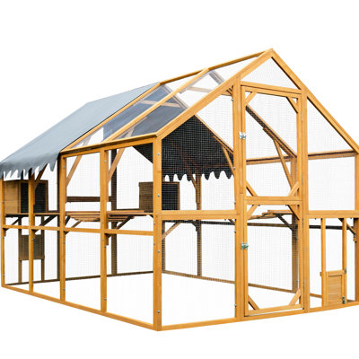 Outdoor Yellow Chicken Coop 110" Kitten Activity Enclosure, Walk - In With Easy Access Enter Door, Two Small Exit , Galvanized Wire Mesh And Sliding L