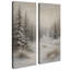 «Snowy Evergreen Forest Landscape with Deer and Misty Winter Scenery», art mural pour salon, chambre à coucher, chalet, bureau, entrée, couloir - ensemble de 2 reproductions d'art encadrées sur toile 32 po x 12 po x 2-132950779-132950780