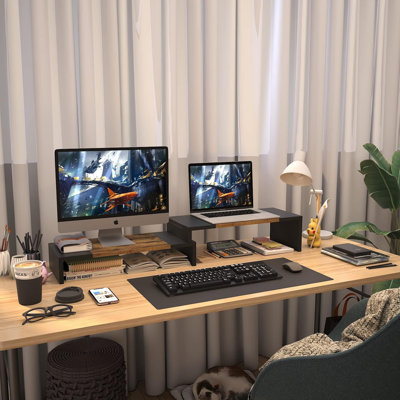 Dual Monitor Stand - Riser 2 Shelf Computer With Adjustable Length And Angle, Stands For Monitors, Desktop Organizer PC, Computer, Laptop