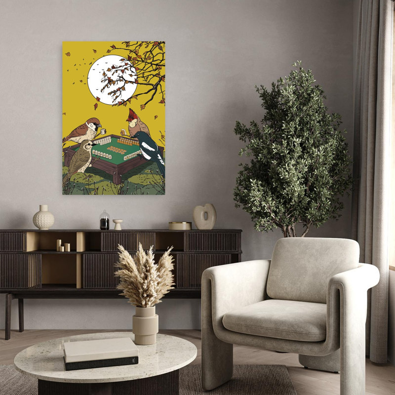Birds Playing Mahjong Surreal Whimsical Abstract Bird Autumn Forest Wall Art Print, 91.44cm H x 60.96cm W