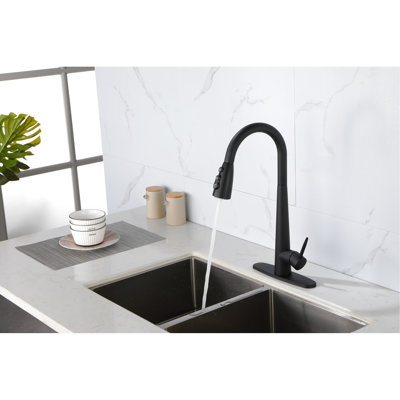Robinets de cuisine noirs avec robinet escamotable, noir mat, montés sur le comptoir, poignée simple, installation facile et fonctionnement du robinet d'évier avec empreinte digitale vers le bas, installation par trou, simple à installer