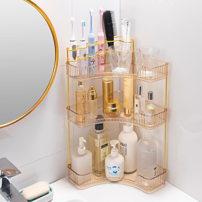 Organisateur de salle de bain d'angle à 3 niveaux avec porte-brosse - Rangement spacieux pour le maquillage, les soins de la peau et les parfums