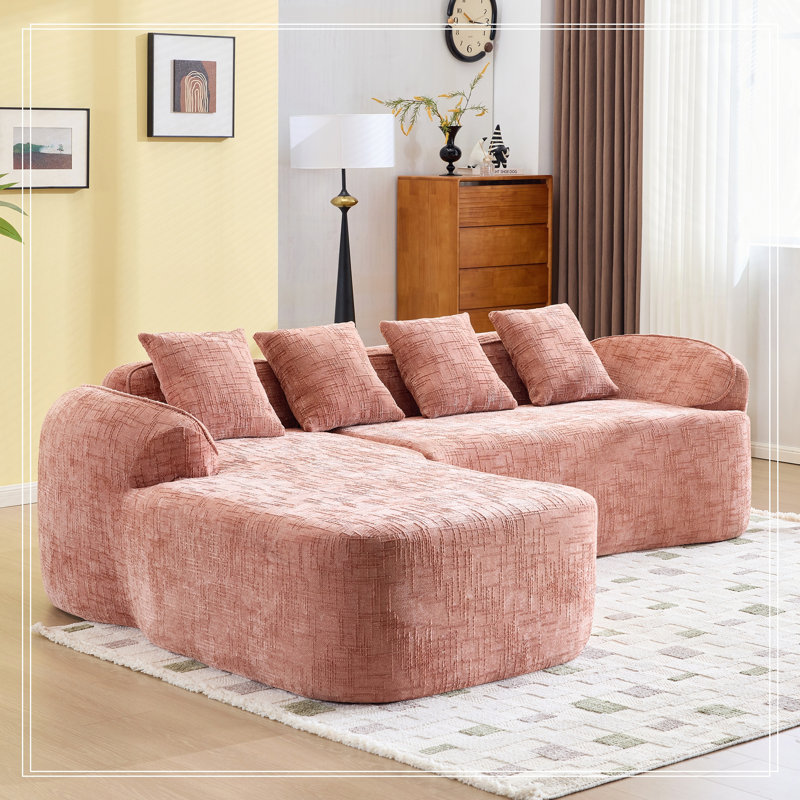 Canapé en chenille en L, Chenille rose