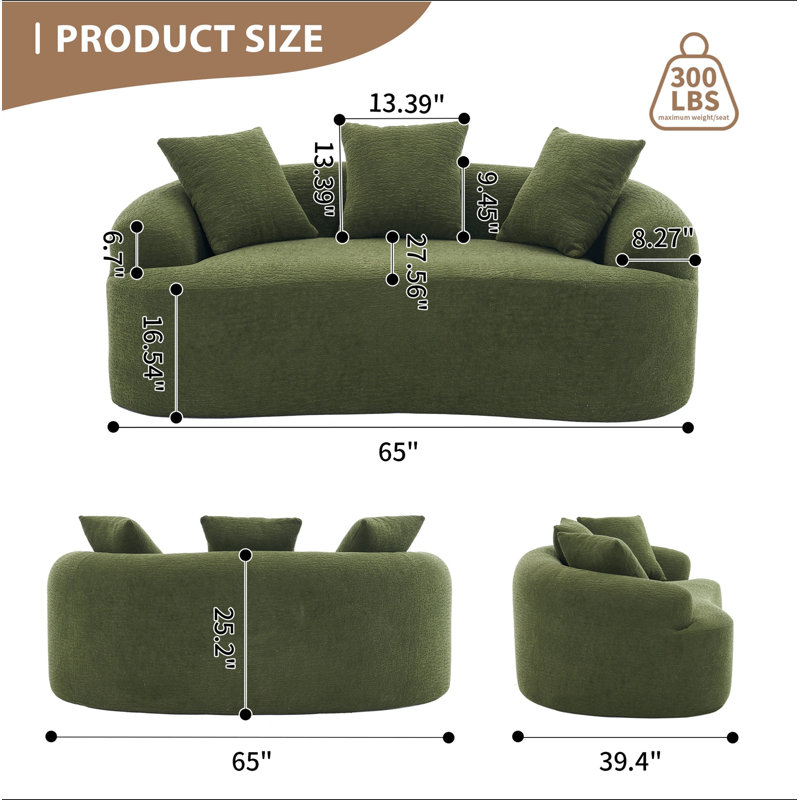 Causeuse courbée: sans assemblage, petit canapé en chenille, éponge 30D, compact pour les appartements, L 65 po, 300 lb, 3 coussins