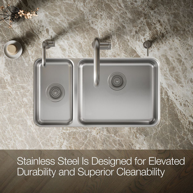 Undertone® 31-3/4" L x 18" W x 9-1/2" Under-Mount High/Low Double-Bowl Kitchen Sink