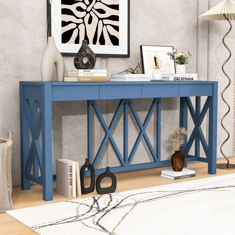 60-Inch Wood Console Table with Spacious Drawers, X-Leg Design, Navy Blue
