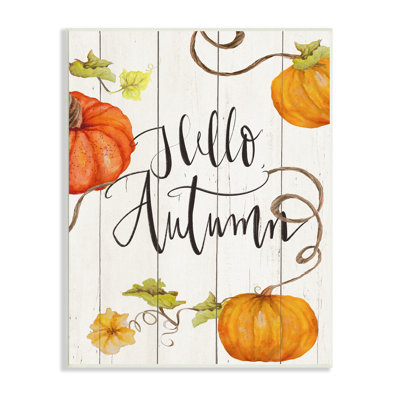 " Hello Autumn Calligraphy Sign Rustic Pumpkin Vines " Graphic Art Print